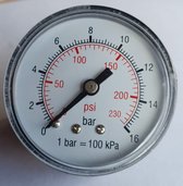K&W Manometer 50 mm diameter 0-16 bar met 1/4"  achter aansluiting geschikt voor luchtdruk