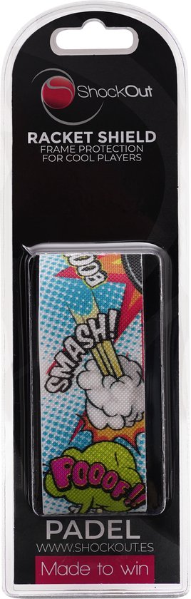 Verpakking met "Racket Shield" framebescherming met een stripverhaalprint. ShockOut. PADEL. Made to win.