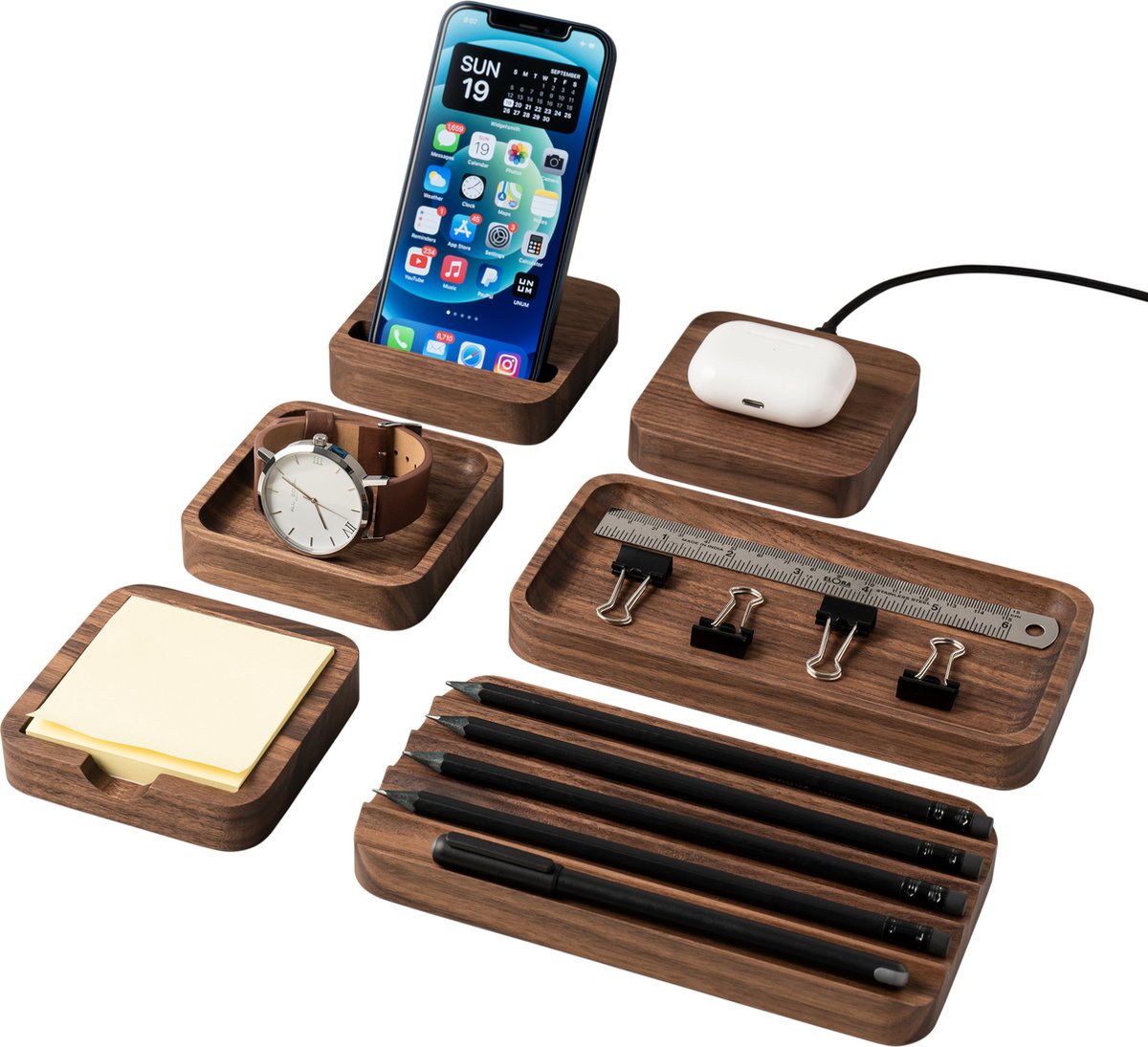 OakyBlocks 6-delige Bureau Organizer Set - Walnotenhout