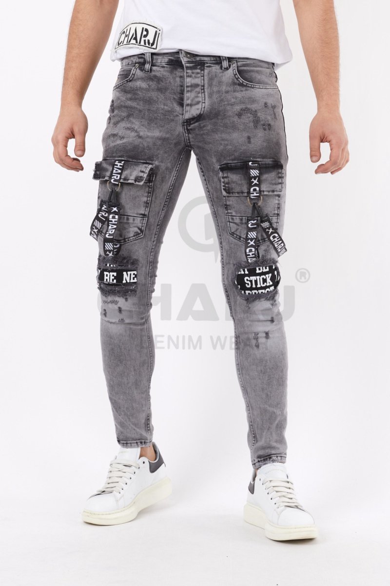 CHARJ JEANS - HEREN JEANS MET SHEUREN - SPIJKERBROEK - SKINNY FIT - PREMIUM STREET FASHION - GRIJS