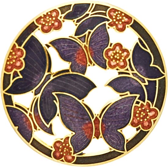 Broche Behave® Ladies ronde violet noir avec papillons et fleurs