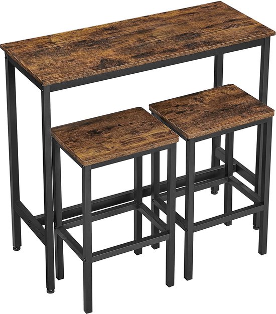 Eetkamerset, bartafelset, hoge tafel (100 x 40 x 90 cm) met 2 barkrukken (elk 30 x 40 x 65 cm) metalen frame, industrieel ontwerp voor eetkamer, woonkamer, vintage bruin-zwart LBT218B01