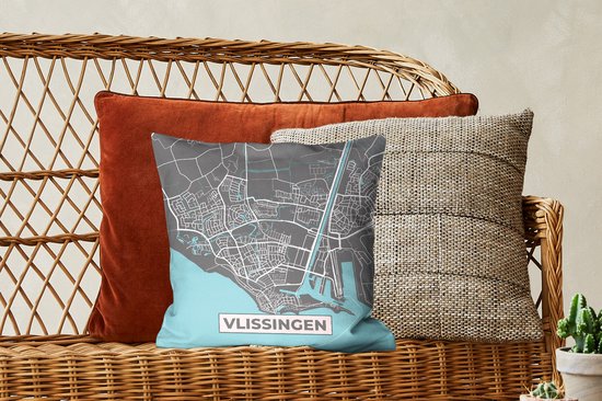 Coussins décoratifs - Oreillers de salon - 40x40 cm - Plan d'étage - Vlissingen - Grijs - Blauw - Plan de la ville