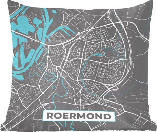 Sierkussens - Kussentjes Woonkamer - 50x50 cm - Plattegrond - Roermond - Grijs - Blauw - Stadskaart