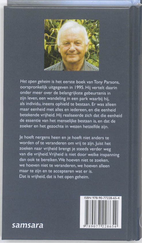 Achterkant boek met portret van Tony Parsons, tekst 'Het open geheim' en ISBN.