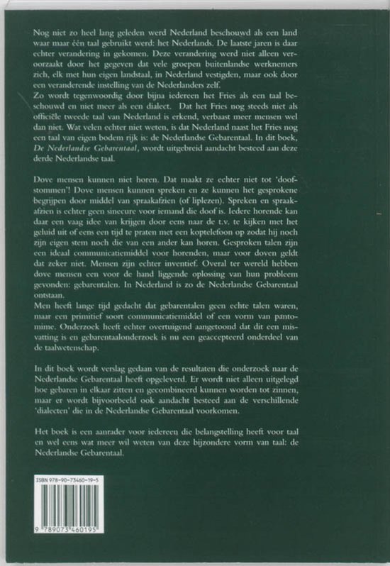Boek 'De Nederlandse Gebarentaal' met ISBN-nummer 978-90-73460-19-5.