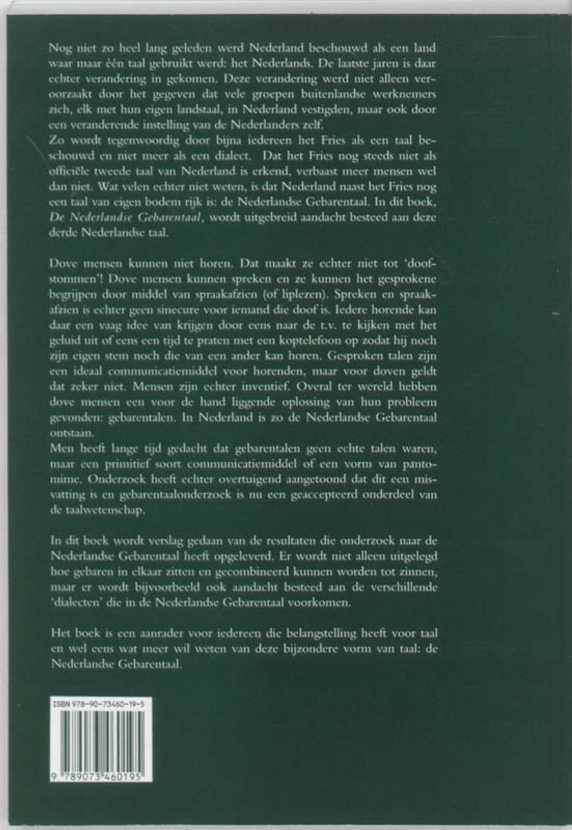 Boek 'De Nederlandse Gebarentaal' met ISBN-nummer 978-90-73460-19-5.