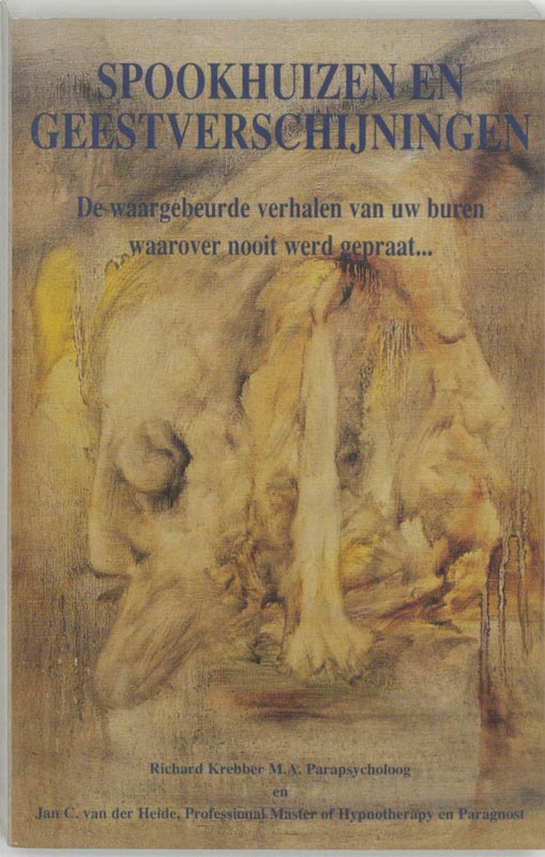 Boek met de titel 'Spookhuizen en geestverschijningen' in blauwe letters. Abstracte, gelige achtergrond.