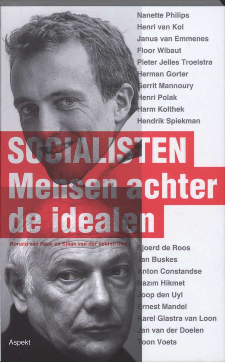 Boekomslag met twee mannen, rode tekst 'SOCIALISTEN Mensen achter de idealen' en namen.