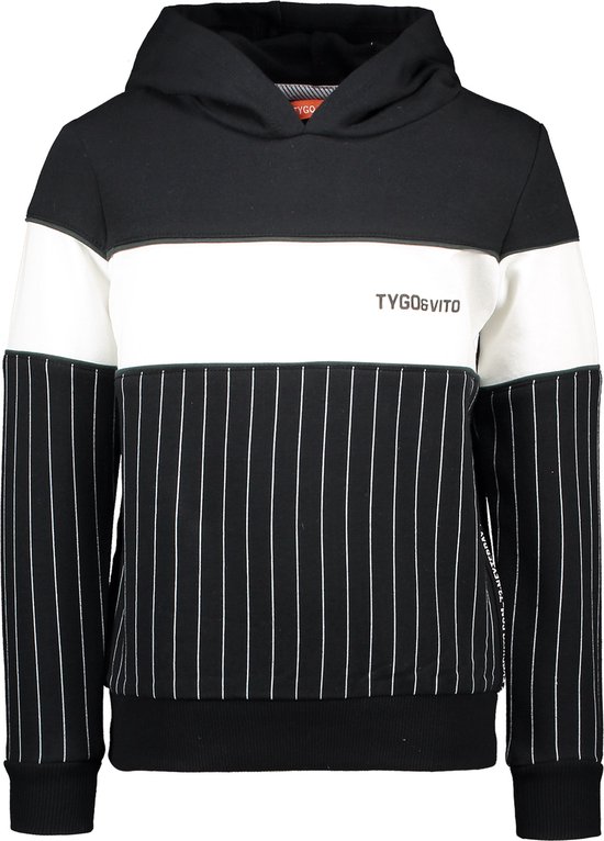 Zwarte Tygo & Vito hoodie met witte borstband en zwart-wit gestreept onderpaneel.