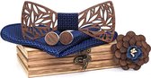 DWIH - houten Vlinderdas - Vlinderstrik van hout - houten manchetknopen - Pochette -houten Reverse -  Blauw stof