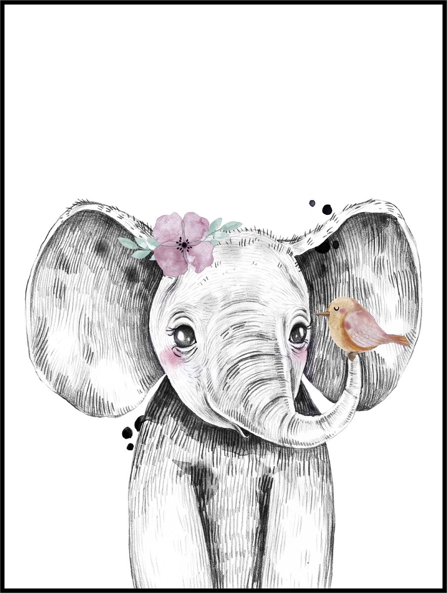Poster Kinderkamer Olifant- 40x30 Zwart Wit - Babykamer Dieren - Jongens - of meisjeskamer Poster Kinderkamer Olifant- 40x30 Zwart Wit - Babykamer Dieren - Jongens - of meisjeskamer