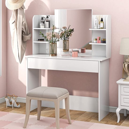Coiffeuse Lazyspace avec grand miroir, tiroir et 4 étagères, coiffeuse avec  meuble,... | bol.com