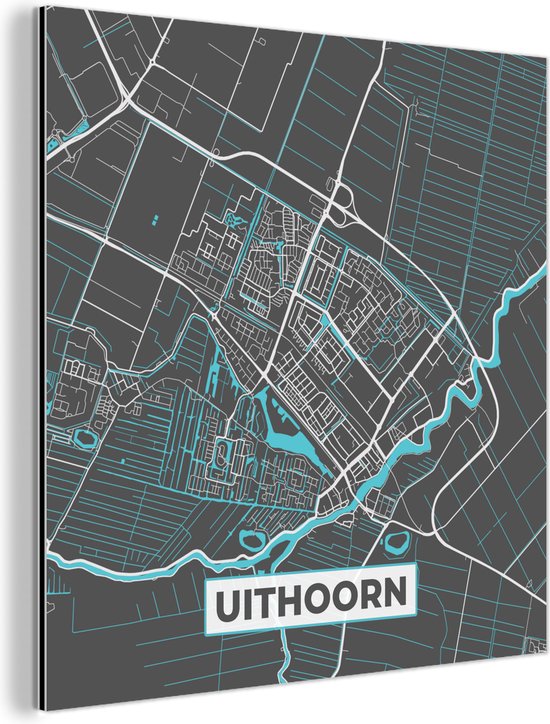 Wanddecoratie Metaal - Aluminium Schilderij Industrieel - Plattegrond - Uithoorn - Grijs - Blauw - 90x90 cm - Dibond - Foto op aluminium - Industriële muurdecoratie - Voor de woonkamer/slaapkamer - Stadskaart