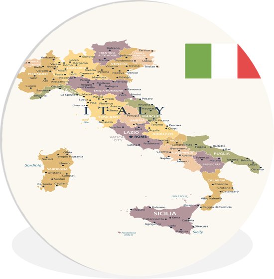 WallCircle - Wall Circle - Wall Circle Inside - Carte d'Italie - 60x60 cm - Décoration murale - Peintures Ronds
