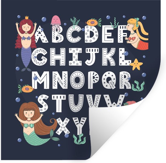 Muurstickers - Sticker Folie - Illustratie alfabet met zeemeerminnen op een donkere achtergrond - 80x80 cm - Plakfolie - Muurstickers Kinderkamer - Zelfklevend Behang - Zelfklevend behangpapier - Stickerfolie
