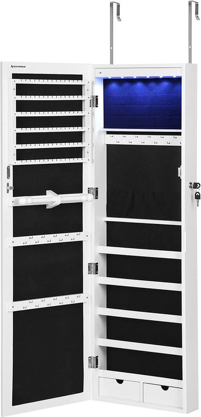 GOPLUS Sieradenkast, spiegelkast, sieradenrek hangend met spiegel, met ledverlichting, kleurkeuze, voor ringen, oorbellen, halskettingen, armbanden (wit