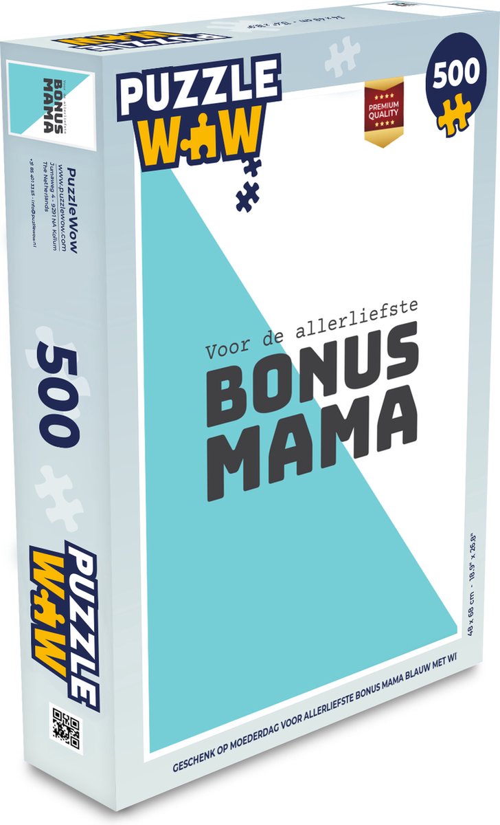 Afbeelding van product PuzzleWow  Puzzel Geschenk op Moederdag voor allerliefste bonus mama blauw met wit - Legpuzzel - Puzzel 500 stukjes