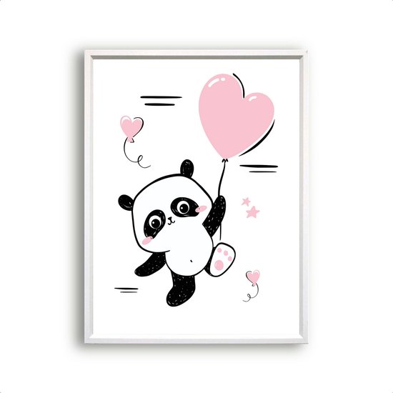 Poster Roze Panda met Hartjes Ballon - Meisjeskamer - Babyshower / Geboorte Cadeau - Babykamer - 80x60cm - Postercity