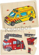 Houten noppenpuzzel 2x - Brandweer en Ambulance - 9 pcs per puzzel