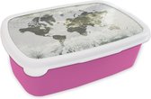 Broodtrommel Roze - Lunchbox - Brooddoos - Wereldkaart - Bloemen - Geel - 18x12x6 cm - Kinderen - Meisje