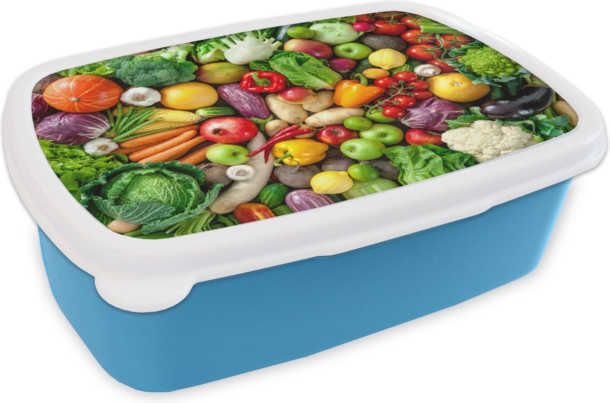 Broodtrommel Blauw - Lunchbox - Brooddoos - Fruit - Groente - Appel - 18x12x6 cm - Kinderen - Jongen