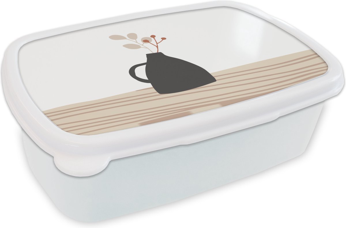 Broodtrommel Wit - Lunchbox - Brooddoos - Zomer - Bloem - Zwart - 18x12x6 cm - Volwassenen