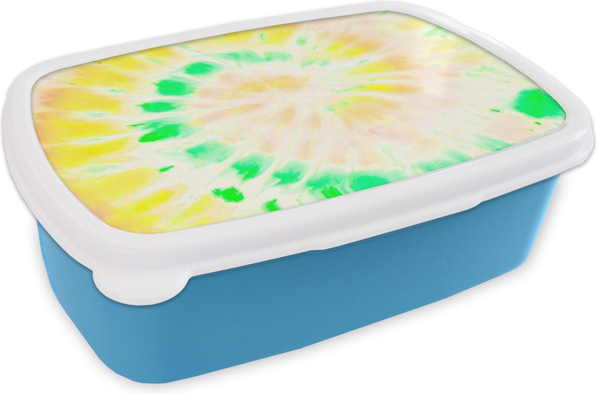Broodtrommel Blauw - Lunchbox - Brooddoos - Tie dye - Geel - Groen - 18x12x6 cm - Kinderen - Jongen