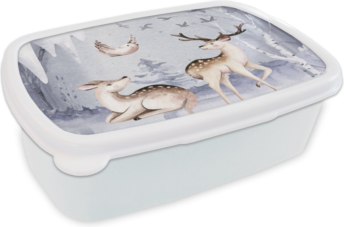 Broodtrommel Wit - Lunchbox - Brooddoos - Winter - Hert - Vogel - Sneeuw - 18x12x6 cm - Volwassenen