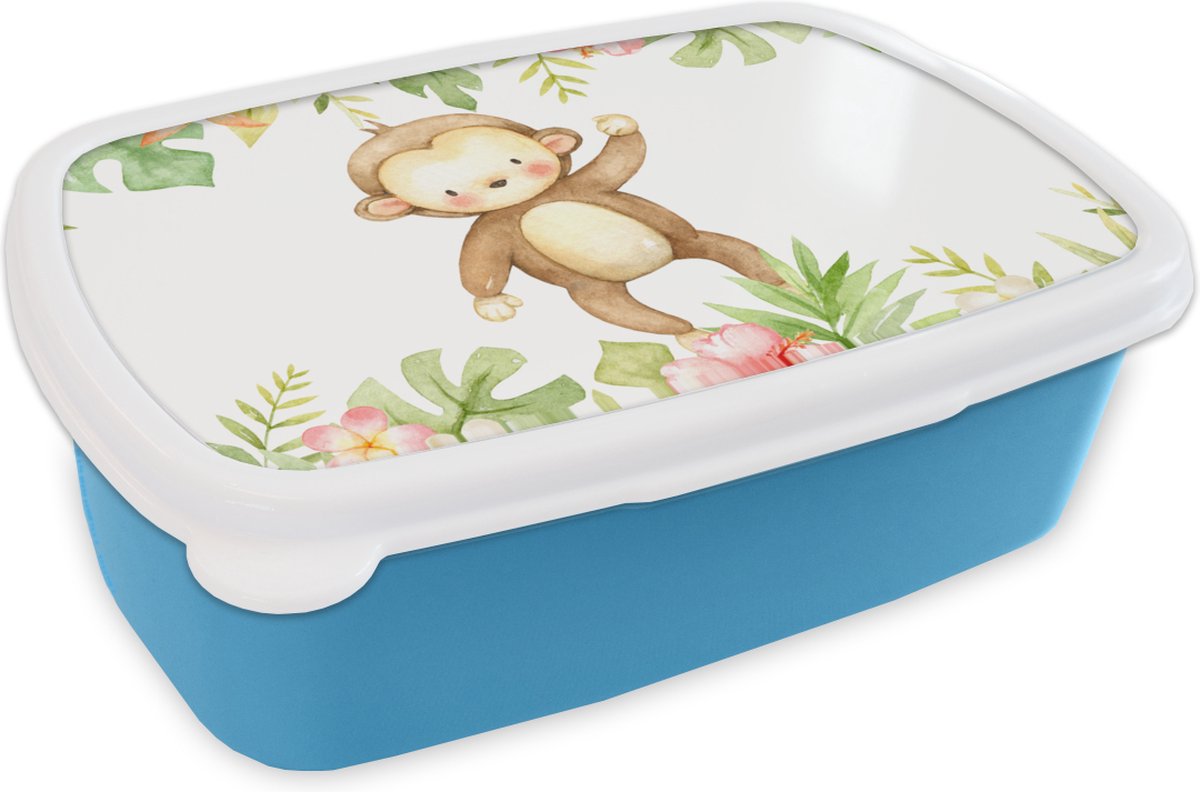 Broodtrommel Blauw - Lunchbox - Brooddoos - Aap - Jungle - Waterverf - 18x12x6 cm - Kinderen - Jongen
