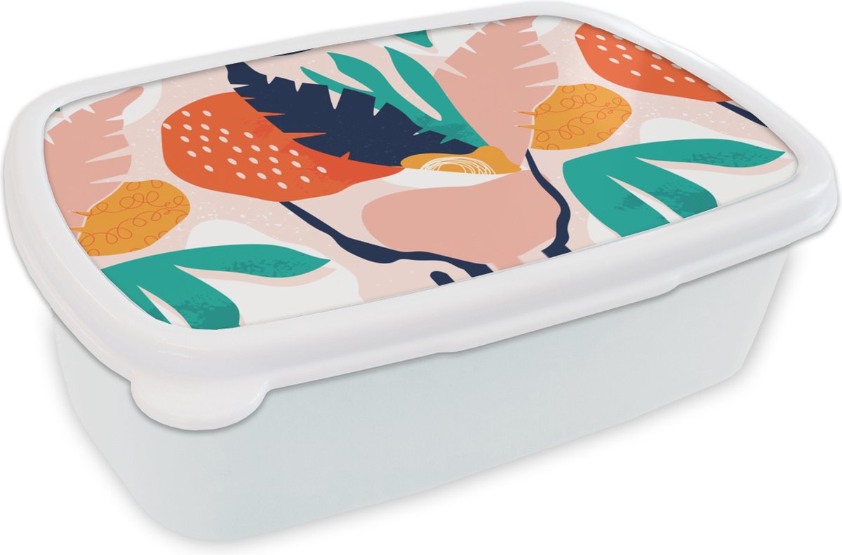 Broodtrommel Wit - Lunchbox - Brooddoos - Bladeren - Kleuren - Patroon - 18x12x6 cm - Volwassenen