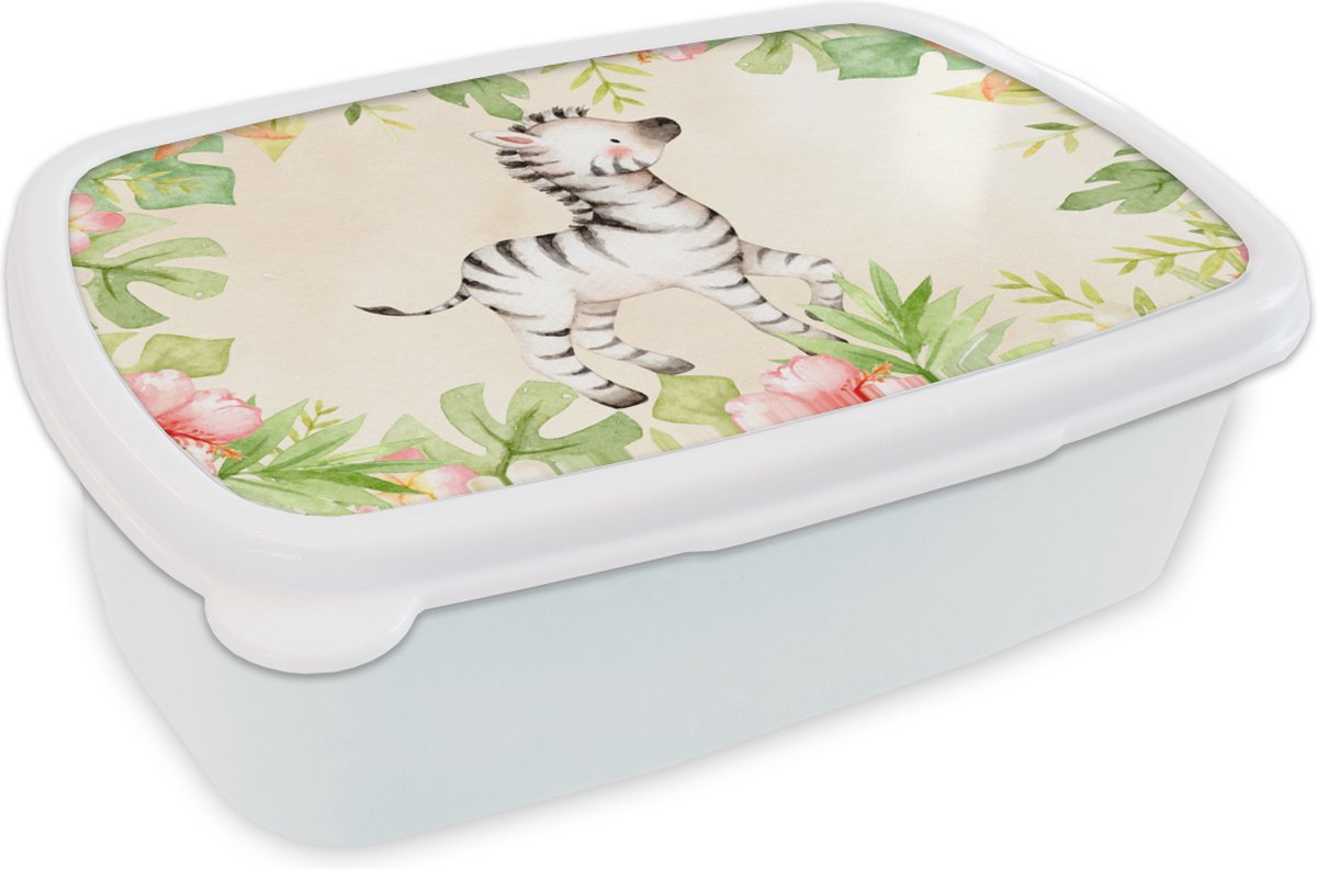 Broodtrommel Wit - Lunchbox - Brooddoos - Zebra - Jungle - Aquarelverf - 18x12x6 cm - Volwassenen