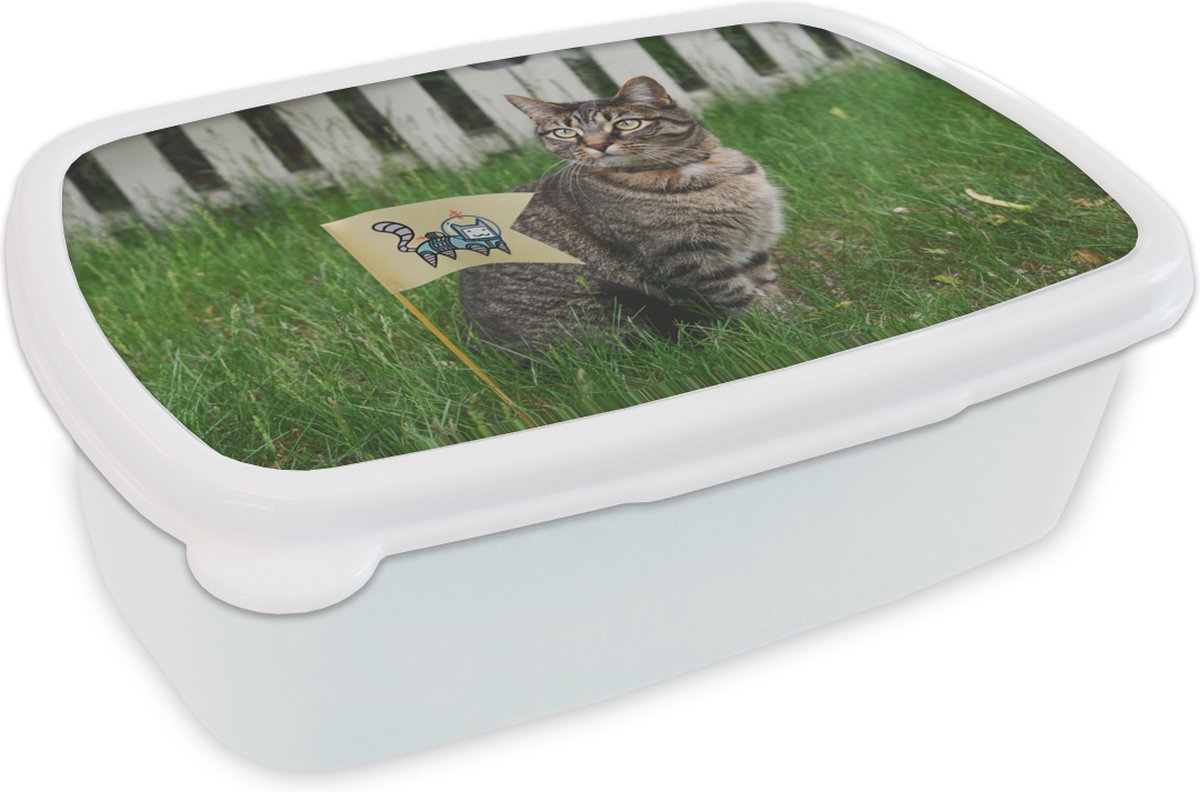 Broodtrommel Wit - Lunchbox - Brooddoos - Kat - Vlag - Gras - Hek - 18x12x6 cm - Volwassenen