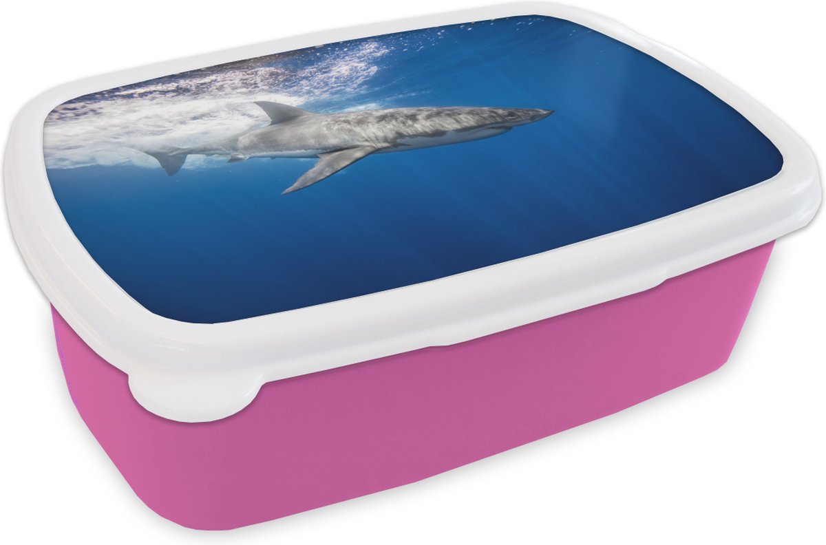 Broodtrommel Roze - Lunchbox - Brooddoos - Haai - Zee - Water - 18x12x6 cm - Kinderen - Meisje
