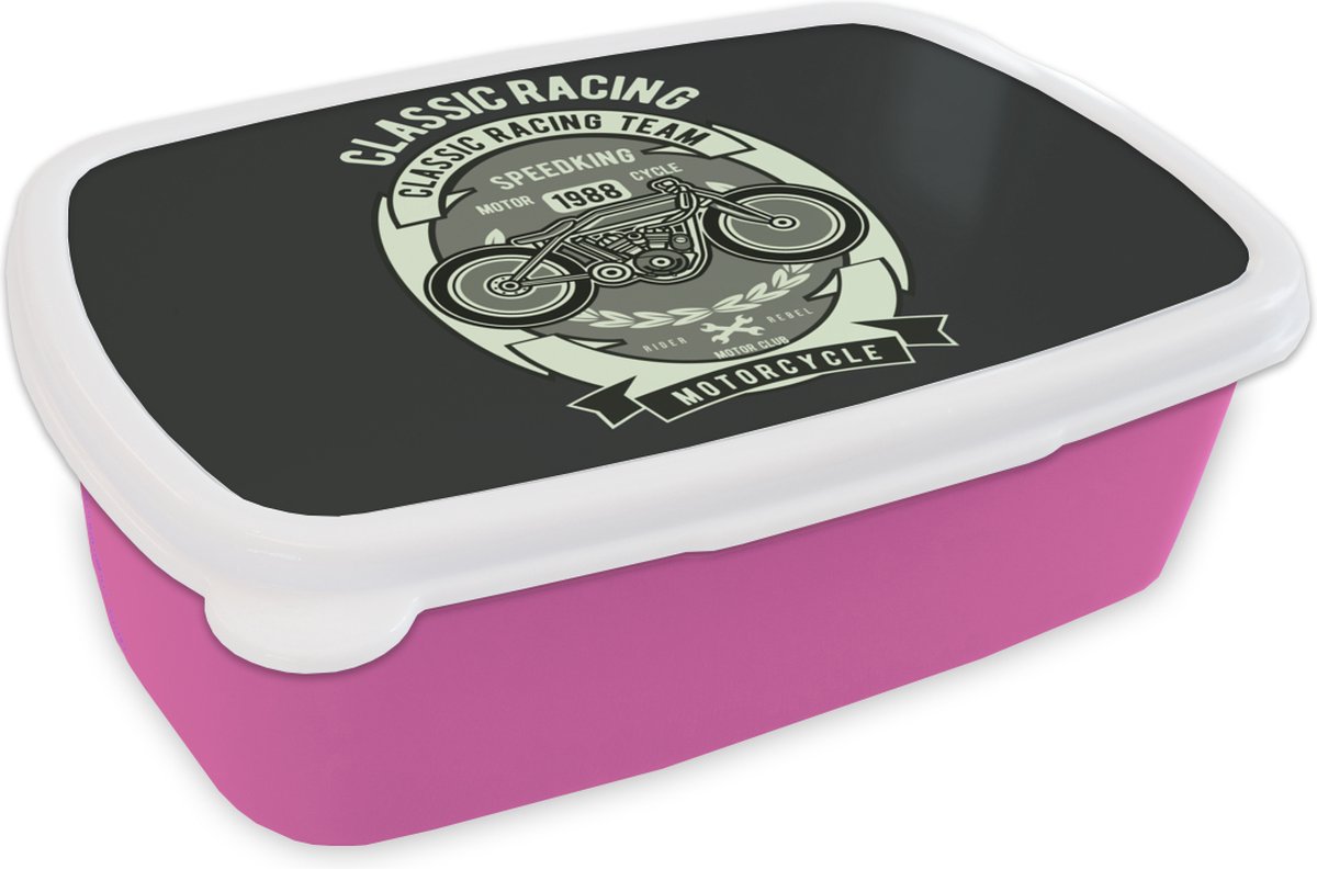 Broodtrommel Roze - Lunchbox - Brooddoos - Motor - Tekening - Retro - 18x12x6 cm - Kinderen - Meisje