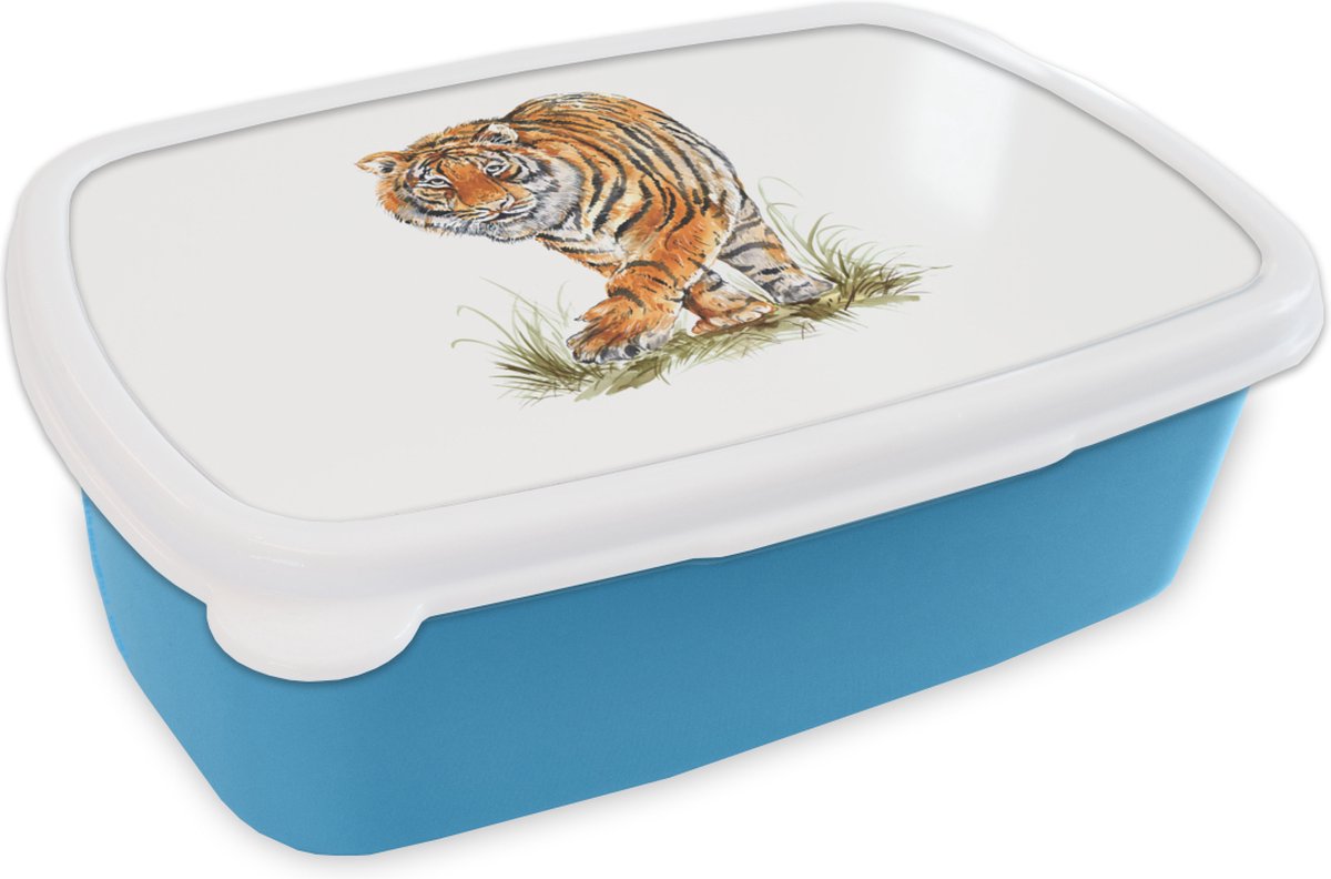 Broodtrommel Blauw - Lunchbox - Brooddoos - Tijger - Poten - Wit - 18x12x6 cm - Kinderen - Jongen