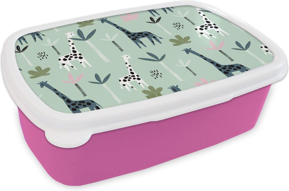 Broodtrommel Roze - Lunchbox - Brooddoos - Giraffe - Boom - Groen - 18x12x6 cm - Kinderen - Meisje