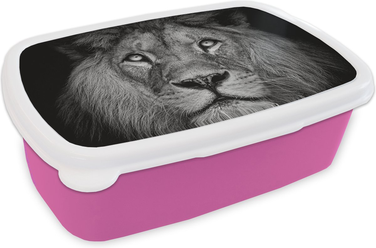Broodtrommel Roze - Lunchbox - Brooddoos - Leeuw - Portret - Zwart - Wit - 18x12x6 cm - Kinderen - Meisje