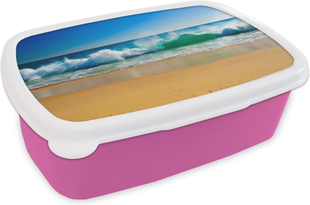 Broodtrommel Roze - Lunchbox - Brooddoos - Zee - Golf - Strand - 18x12x6 cm - Kinderen - Meisje