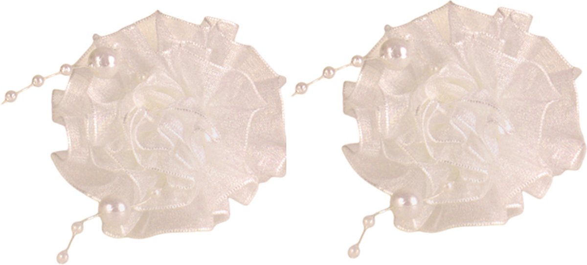 Haarelastiekjes met ivoren organza bloem en pareltjes - 2 stuks