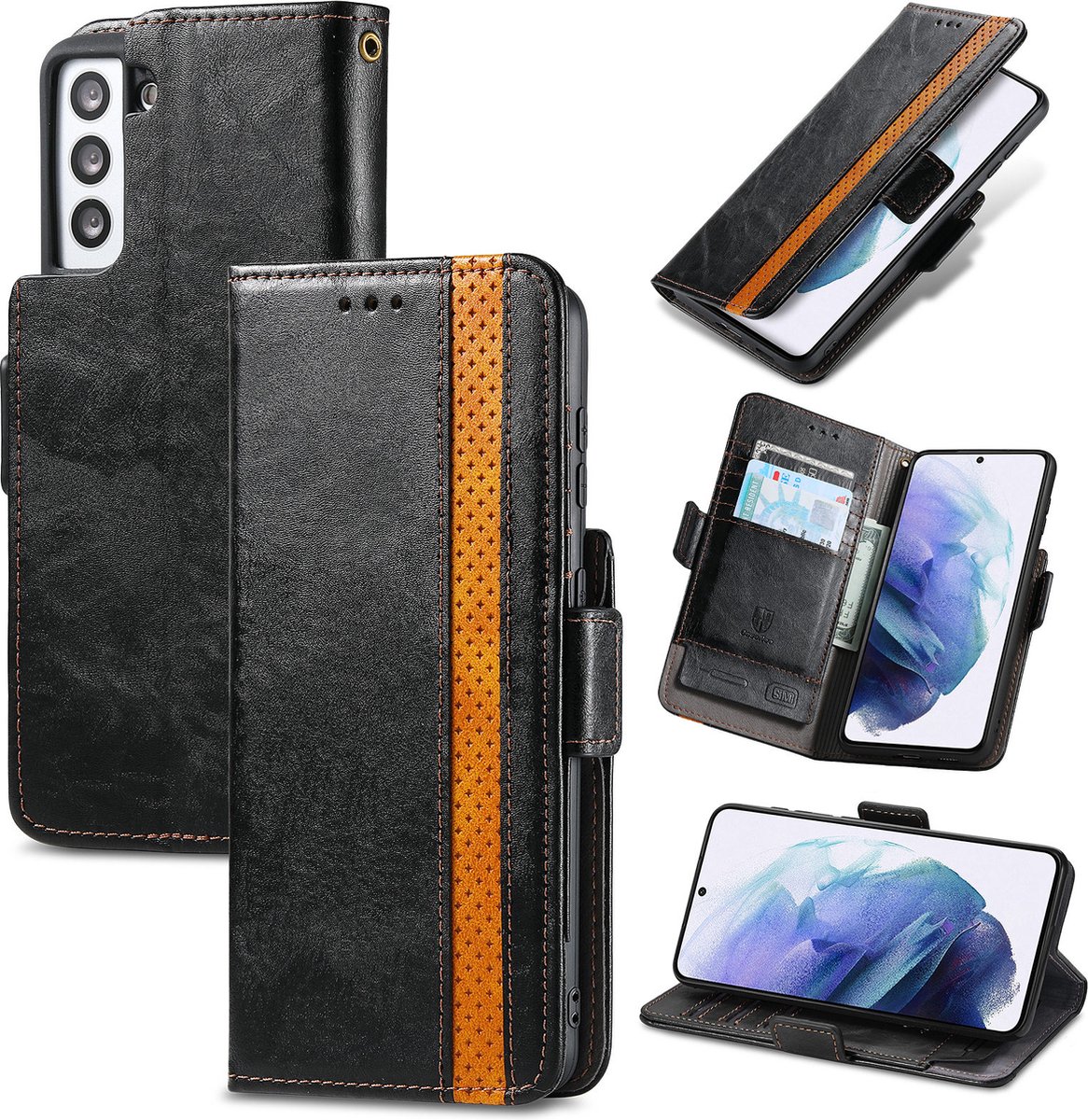 Stijlvol Tweekleurig PU-leer Wallet Flip Case voor Galaxy S21 Plus 5G _ Zwart