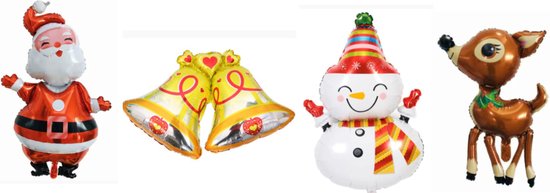 Kerst Set Ballonnen - XXL - Folie Ballonnen - Kerst - Rendier - Kerstman - Sneeuwpop - Kerstklokken - Versiering - Ballonnen - Kerstversiering - Thema Feest - Helium ballon - Leeg - Kerst Decoratie - Set 4 stuks