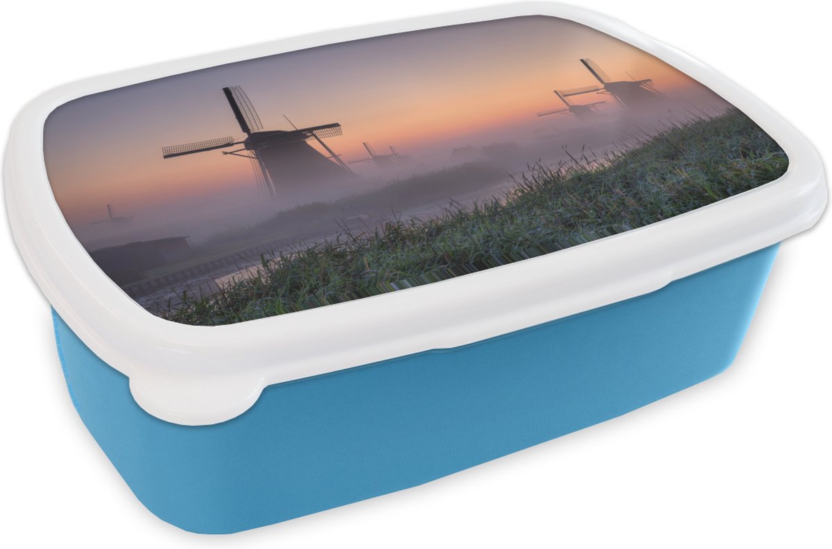 Broodtrommel Blauw - Lunchbox - Brooddoos - Molen - Nederland - Mist - 18x12x6 cm - Kinderen - Jongen