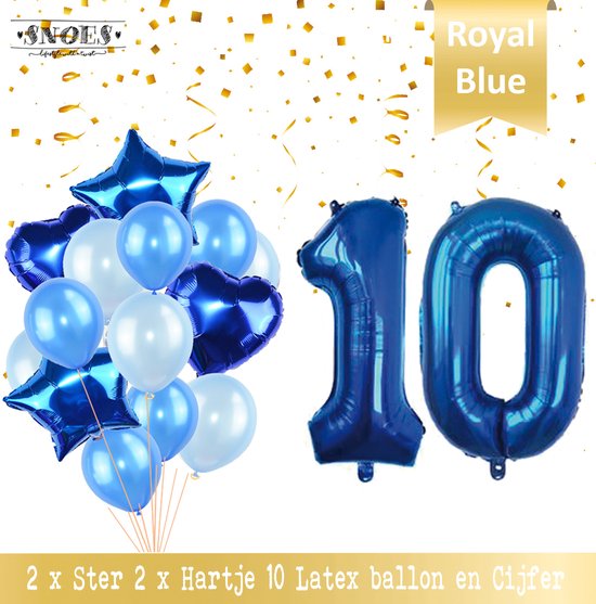 Cijfer Ballon 10 Jaar * Hoera 10 Jaar Verjaardag Decoratie  Set van 15 Ballonnen * 80 cm Verjaardag Nummer Ballon * Snoes * Verjaardag Versiering * Kinderfeestje * Royal Blue * Nummer Ballon 10 * Blauw