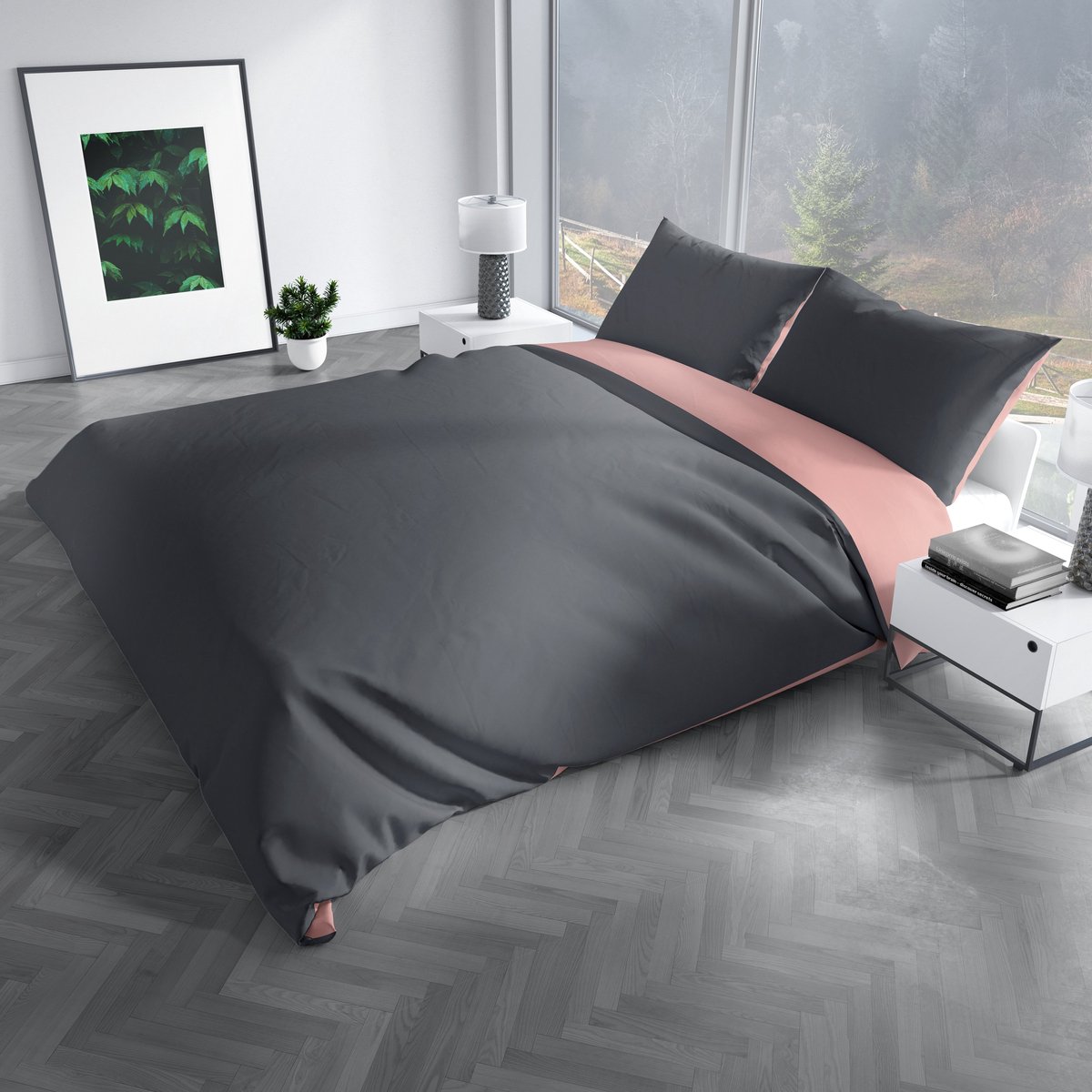 Charm & Co Dubbelzijdig Antraciet Roze - Dekbedovertrek - Lits-jumeaux - 240 x 200/220