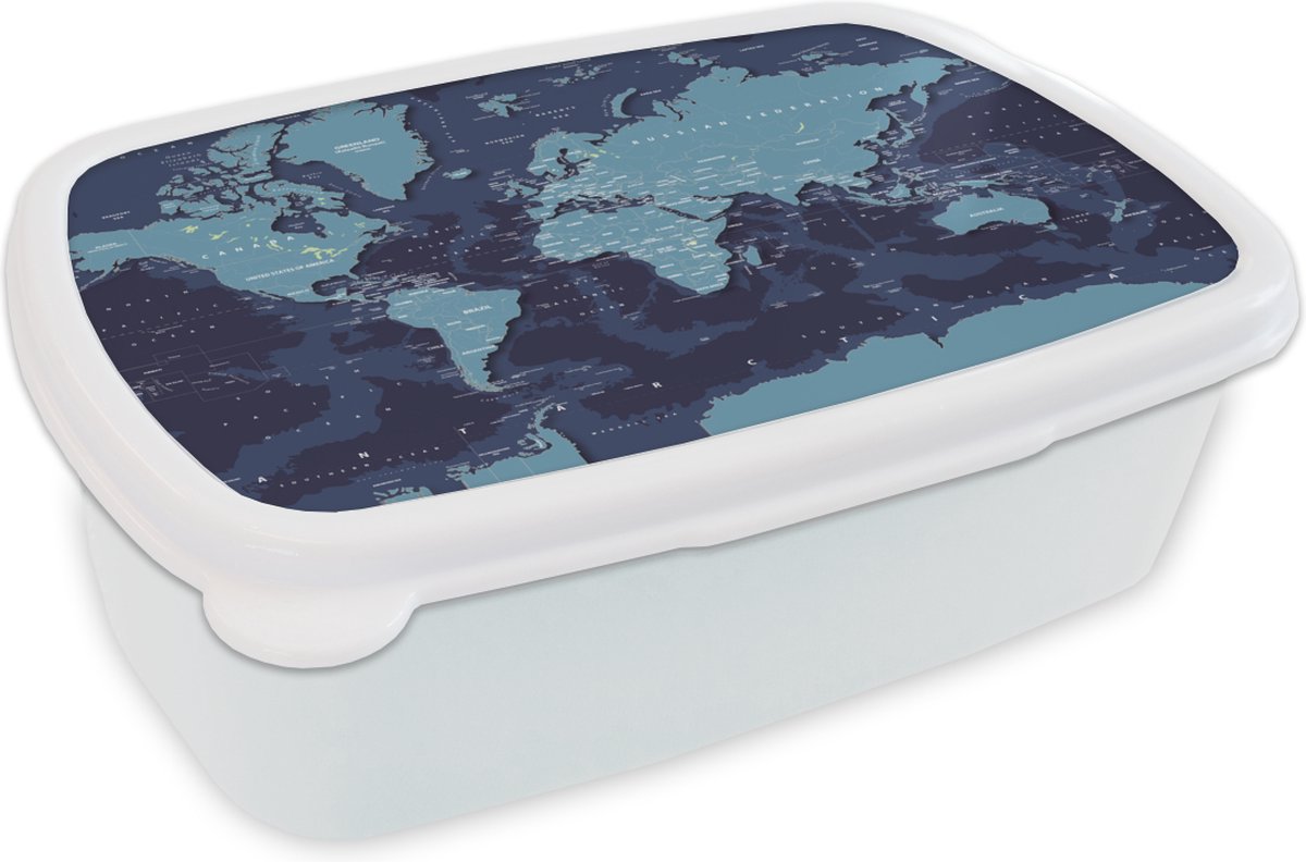 Broodtrommel Wit - Lunchbox - Brooddoos - Wereldkaart - Abstract - Blauw - 18x12x6 cm - Volwassenen