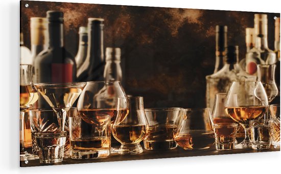 Artaza Glasschilderij - Glazen met Sterke Drank - Flessen - 80x40 - Plexiglas Schilderij - Foto op Glas