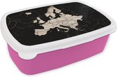 Broodtrommel Roze - Lunchbox - Brooddoos - Kaart Europa - Zwart - Hout - 18x12x6 cm - Kinderen - Meisje
