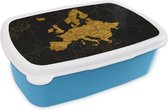 Broodtrommel Blauw - Lunchbox - Brooddoos - Kaart Europa - Goud - Zwart - 18x12x6 cm - Kinderen - Jongen