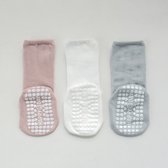 Baby sokken - Set 3 paar - 0-6 maanden - Antislip sokken baby - New born - Babysokken - Baby sokjes - Kraamcadeau - Roze/Lichtgrijs/Wit